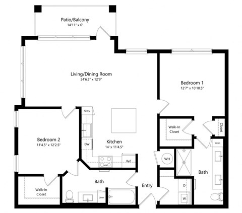 Floor plan for 2 beds, 2 baths, 1123 sqft